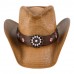 Embroidered Straw Cowboy Hat with Windproof Belt (Khaki)